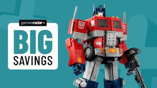 Lego Optimus Prime beside a &#039;big savings&#039; badge, all against an aqua background