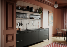 cozy small kitchen with peachy walls and mauve ceilings