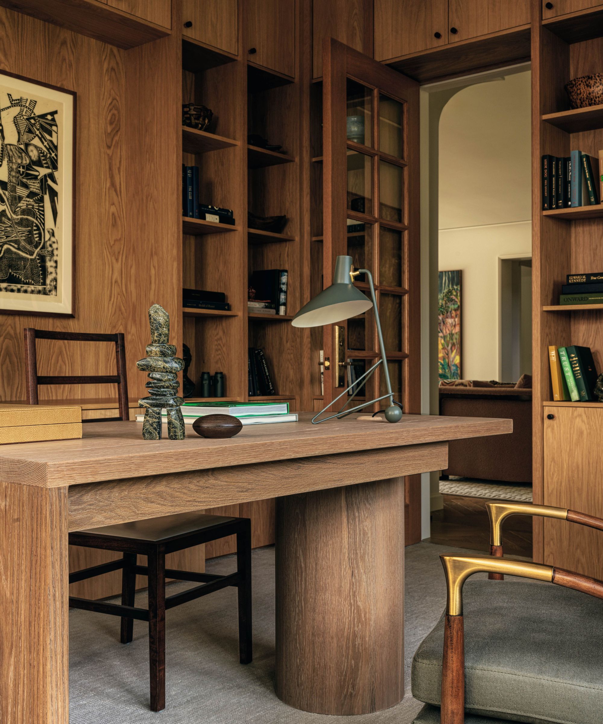 Wooden clad home office with large wooden table
