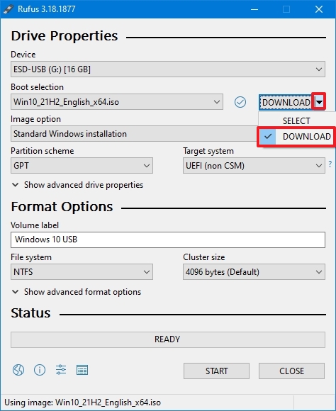 Rufus ISO download option