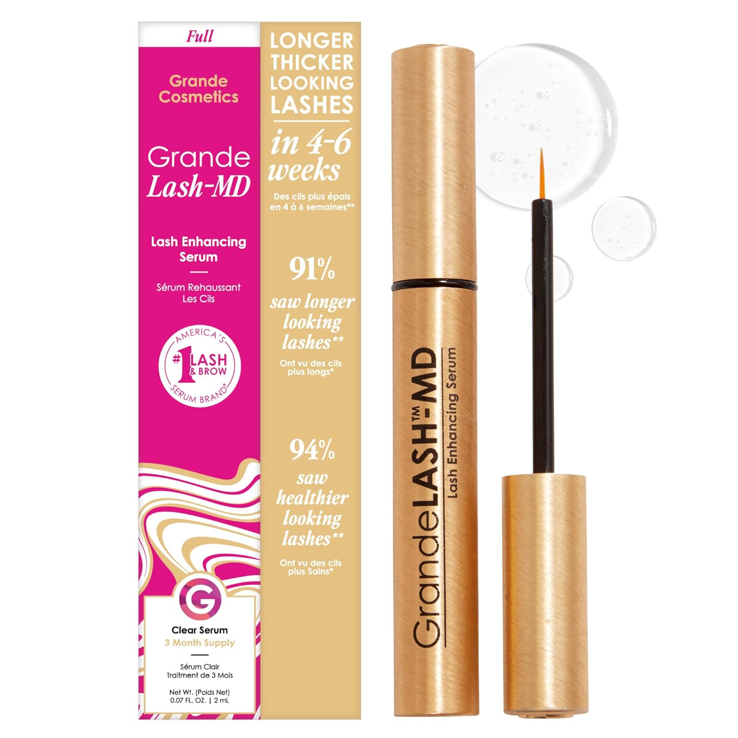 Grande Cosmetics, Grande Cosmetics Grandelash-Md Lash Enhancing Serum - Peptide &amp;amp; Vitamin Infused Formula for Longer, Thicker, Fuller Looking Lashes - Ophthalmologist Tested, Cruelty-Free, 3 Month Supply (2ml)
