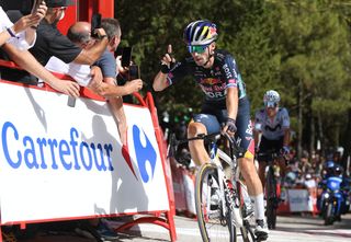 Team Bora's Primoz Roglic celebrates crossing the finish in first place, winning the stage 8 of La Vuelta a Espana cylcing tour, a 159 km race between Ubeda and Cazorla, on August 24, 2024. (Photo by Jorge GUERRERO / AFP)