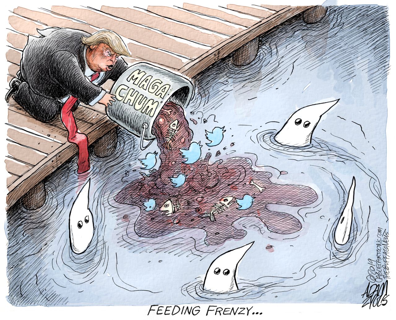 Political Cartoon MAGA Chum Racist Feeding Frenzy