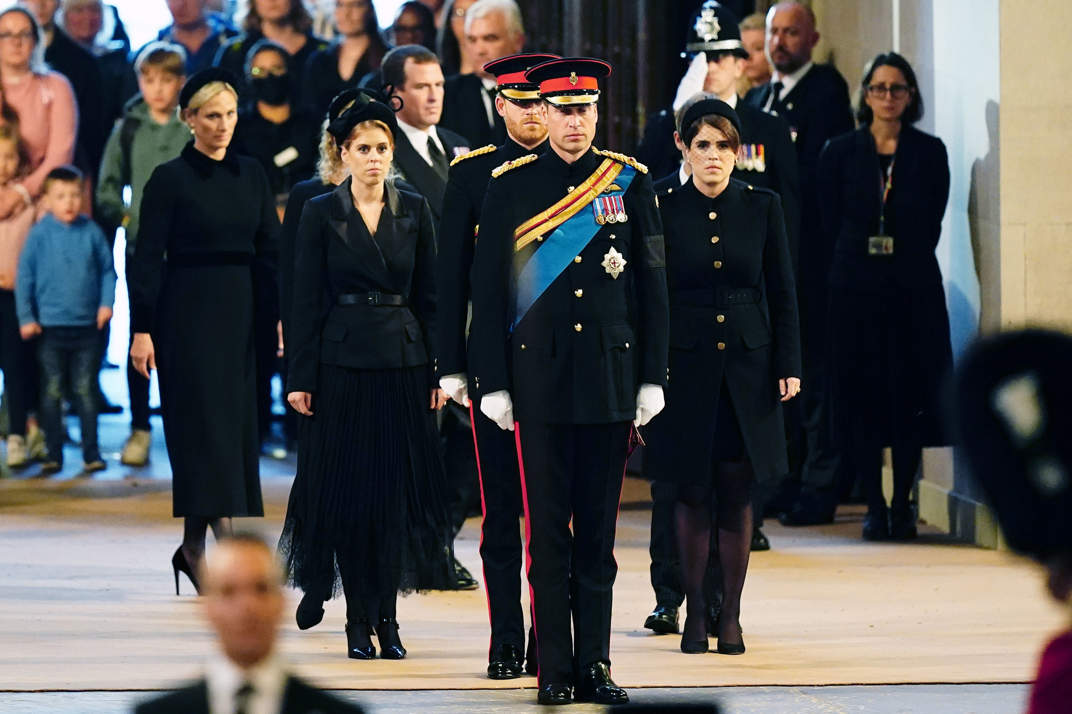 Princess Beatrice, Zara Tindall, Peter Phillips, Prince Harry, Prince William and Princess Eugenie at a vigil for Queen Elizabeth