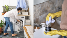 A split image of a woman doing laundry and a bottle of white vinegar.