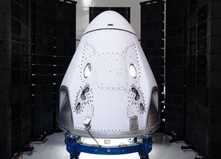 SpaceX's next Crew Dragon spacecraft, the Demo-2 vehicle, is seen after completing acoustic testing in Cape Canaveral, Florida ahead of its first crewed launch in 2020.