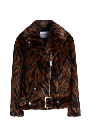 Leana zebra-print faux fur biker jacket