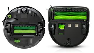 Side-by-side image showing the undersides of the round iRobot Roomba j7+ (left) and the D-shaped Rooma S9+