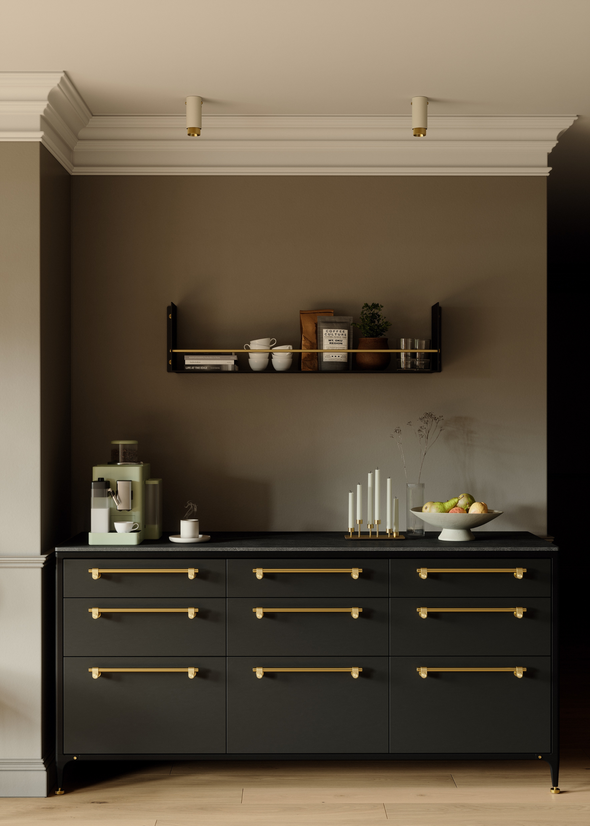 small grey kitchen with gold hardware