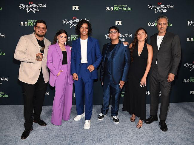 At the Los Angeles premiere of FX&rsquo;s Reservation Dogs: co-creator/writer/director Sterlin Harjo; cast members Devery Jacobs, DiPharaoh Woon-A-Tai, Lane Factor and Paulina Alexis; and co-creator/EP/writer Taika Waititi.
