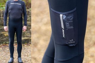 Man wearing winter bib tights plus detail of cargo pocket