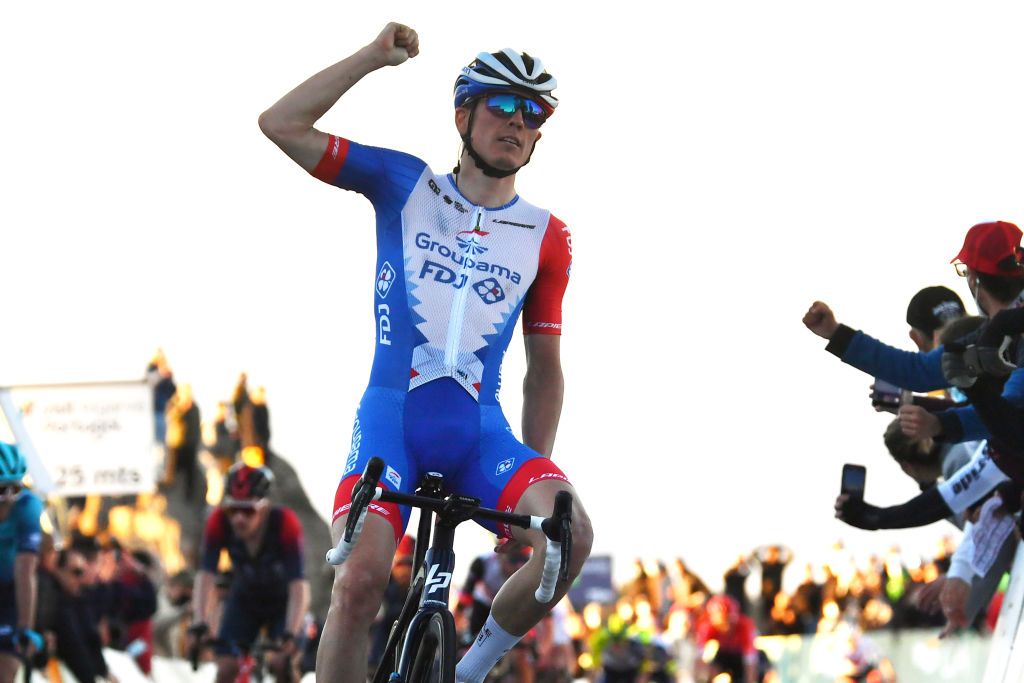 MONCHIQUE PORTUGAL FEBRUARY 17 David Gaudu of France and Team Groupama FDJ celebrates at finish line as stage winner during the 48th Volta Ao Algarve 2022 Stage 2 a 1824km stage from Albufeira to Alto Da Foia Monchique 890m VAlgarve2022 on February 17 2022 in Monchique Portugal Photo by Luc ClaessenGetty Images