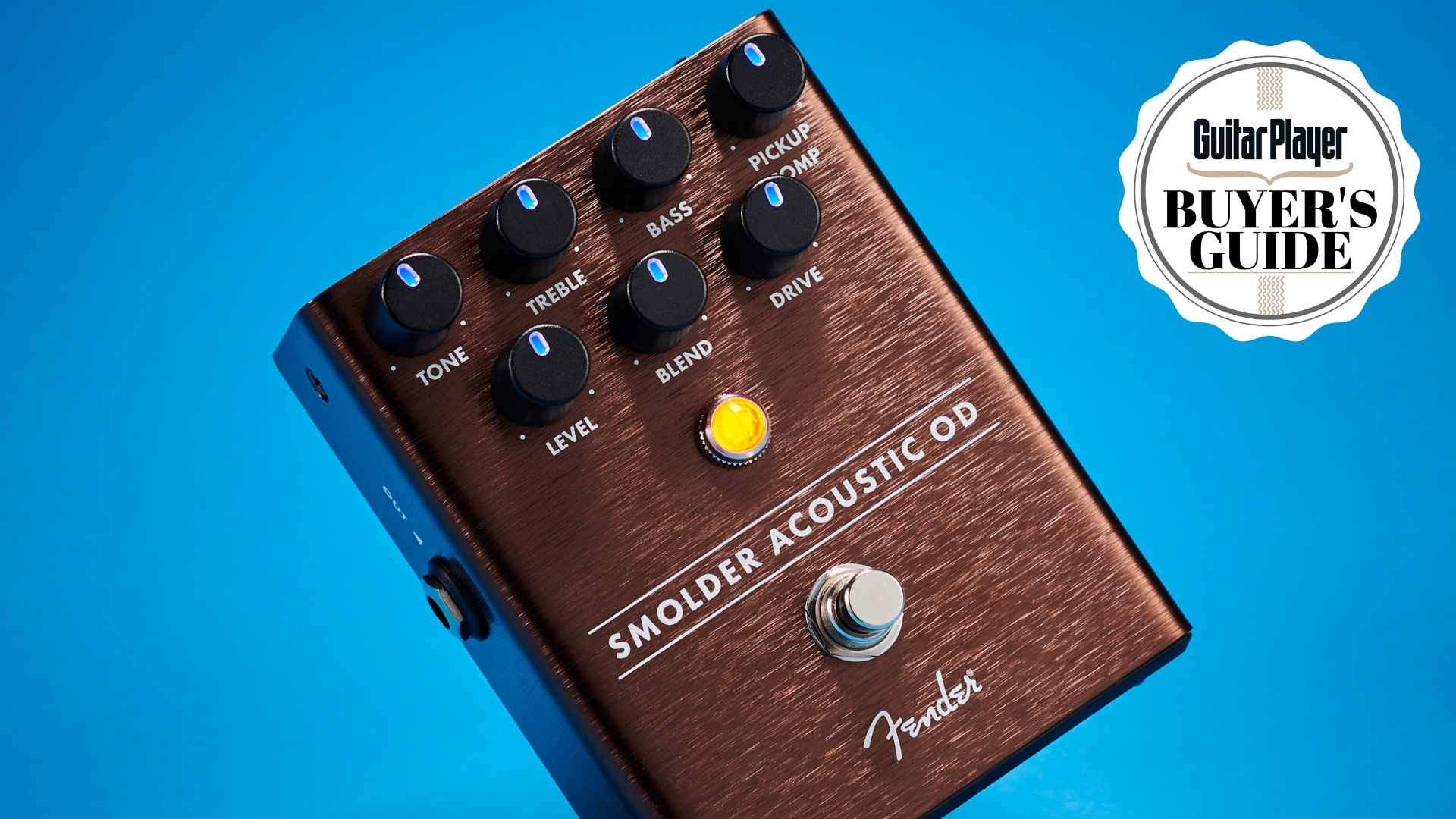A Fender Smolder Acoustic OD acoustic guitar pedal at an angle on a bright blue background