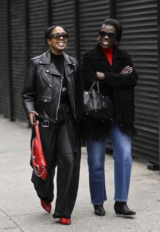 Two women in street style at New York Fashion Week