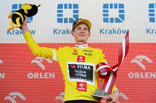 KRAKOW, POLAND - AUGUST 18: Jonas Vingegaard Hansen of Denmark and Team Visma - Lease a Bike - Yellow Leader Jersey celebrates at podium as final overall race winner during the 81st Tour de Pologne, Stage 7 a 142.1km stage from Wieliczka to Krakow / #UCIWT / on August 18, 2024 in Krakow, Poland. (Photo by Luc Claessen/Getty Images)