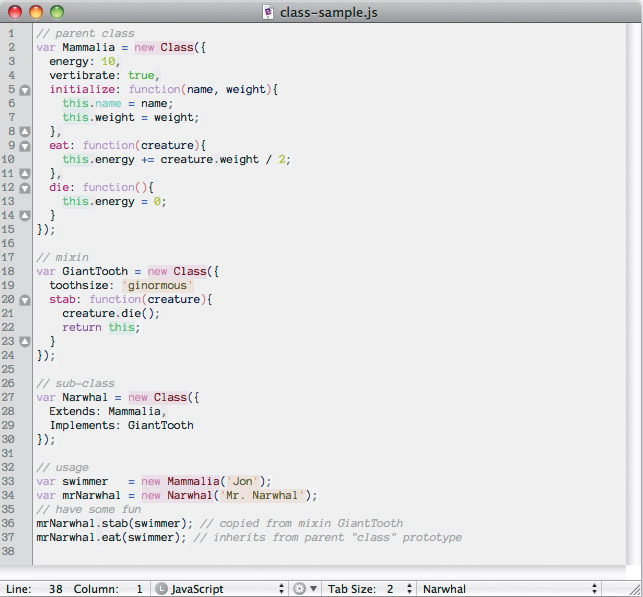 Much the same way that Element and jQuery sort out the DOM, Class sorts out prototypal inheritance. Here's what some MooTools classes look like