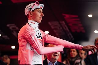 Picture by Zac Williams/SWpix.com - 05/05/2024 - Cycling - 107th Giro dâ€™Italia 2024 - Stage 2 - San Francesco al Campo - Santuario di Oropa ( Biella ) - Tadej Pogacar, UAE Team Emirates, moves into the Pink Jersey.