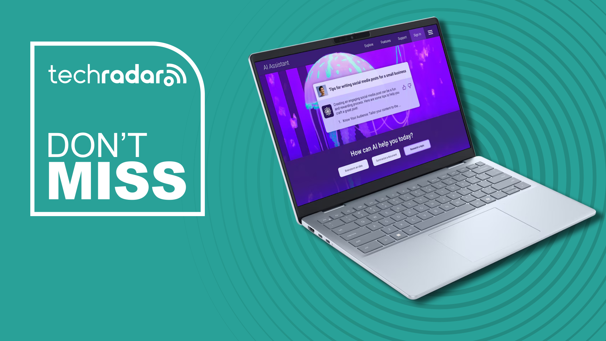 Dell 14 Plus laptop against a teal TechRadar deals background