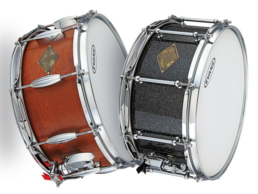 Tiki's solid beeswing mahogany (left) and maple ply (right) snare drums.