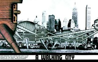 The Walking City in New York cartoon was created by British artist Ron Herron in 1964