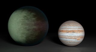 Kepler-7b is 1.5 times the radius of Jupiter, but less than half as massive. Scientists have determined that clouds lie high in the western hemisphere, while the eastern hemisphere is clear.
