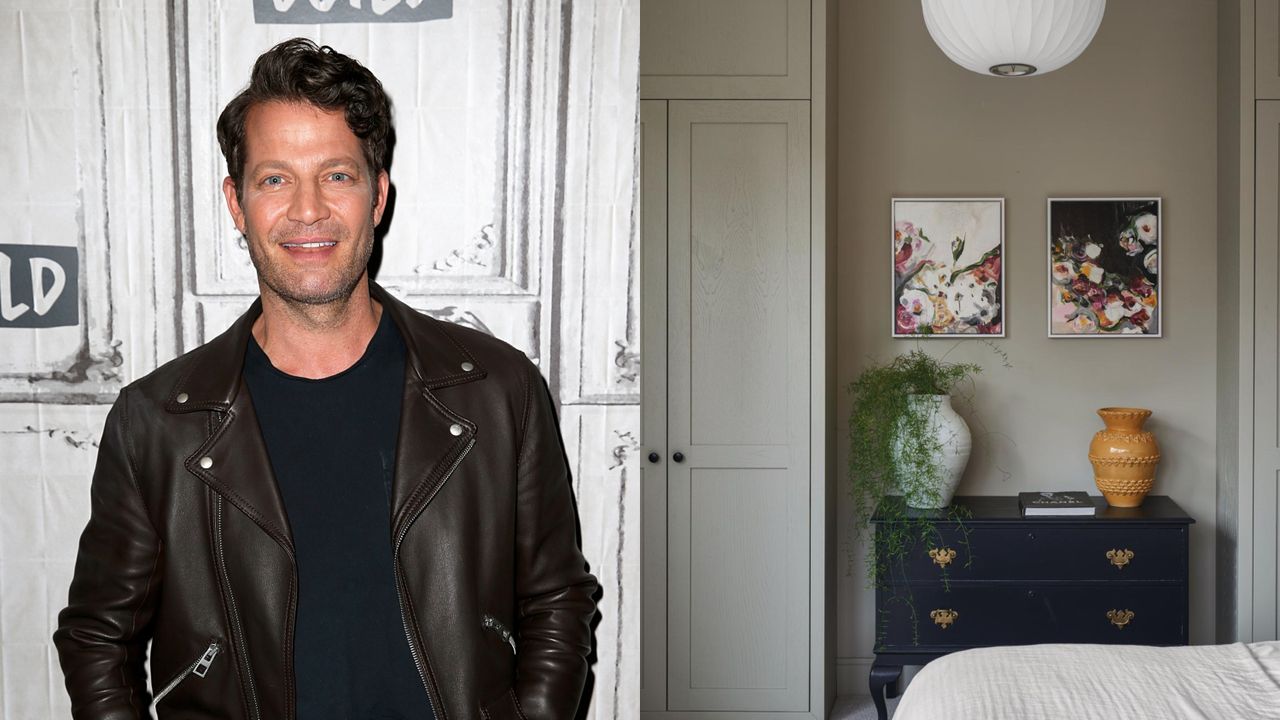 Picture of Nate Berkus next to an image of a bedroom with closet and drawers