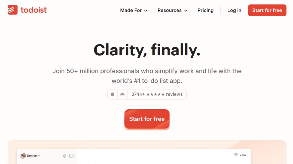 Todoist website screenshot (August 2025).