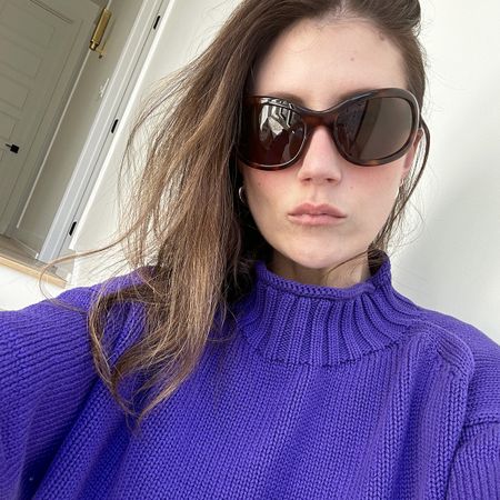 Allyson Payer wearing the J.Crew 2025 Rollneck Sweater in Tetra Purple