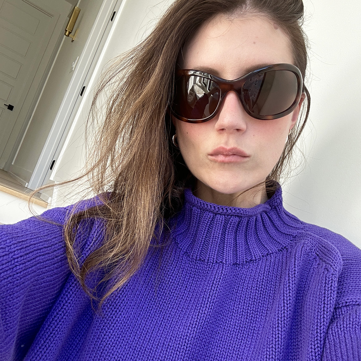 Allyson Payer wearing the J.Crew 2025 Rollneck Sweater in Tetra Purple