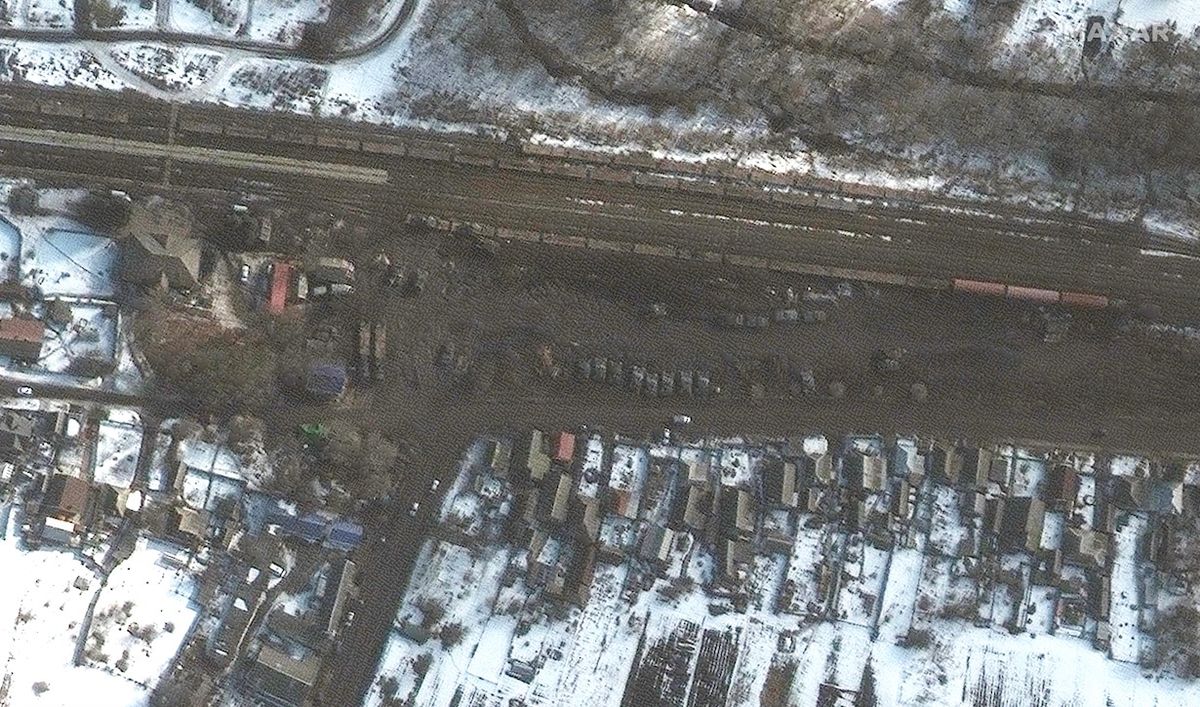 This image, snapped on Feb. 21, 2022, by Maxar&rsquo;s GeoEye-1 satellite, shows armor and vehicles at a railyard in Veselaya Lopan, southwest of Belgorod.