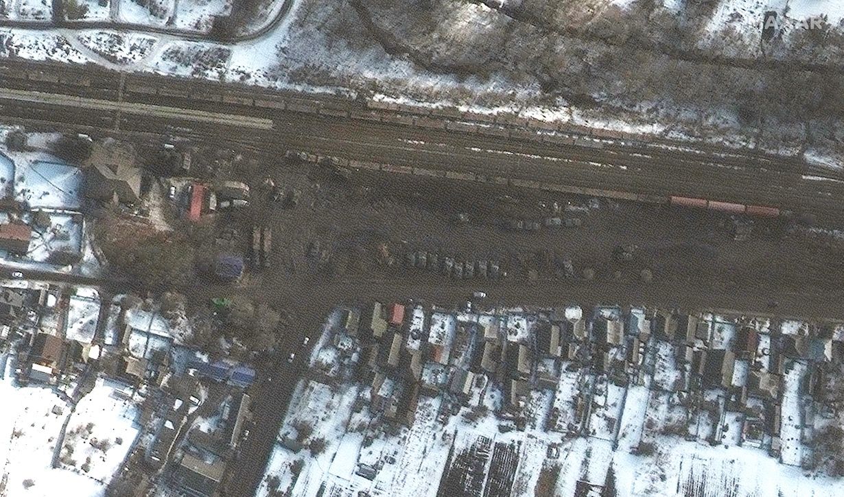 This image, snapped on Feb. 21, 2022, by Maxar&rsquo;s GeoEye-1 satellite, shows armor and vehicles at a railyard in Veselaya Lopan, southwest of Belgorod.