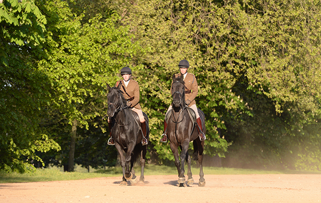 Two officers exercise their horses up Rotten Row in Hyde Park in the bright spring sunshine