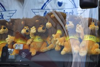 The toy lions of the Tour de France on the Deceuninck-QuickStep bus