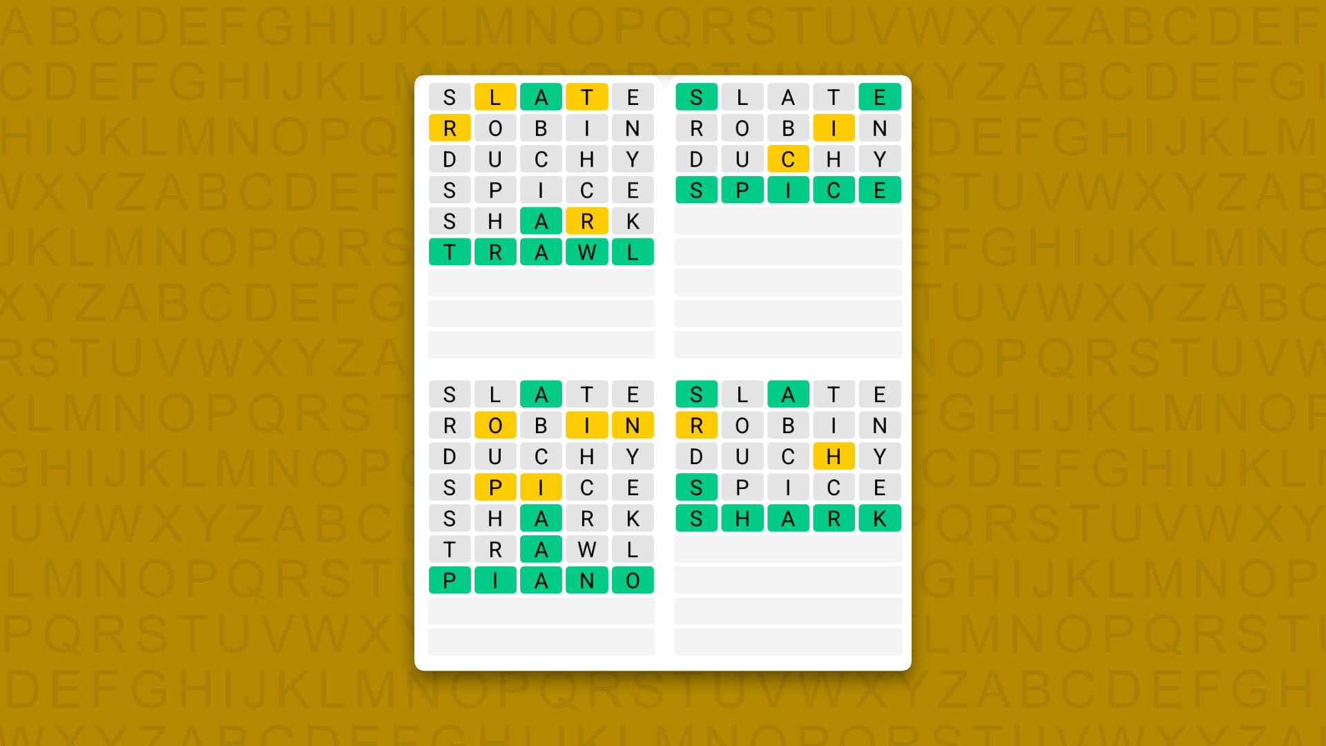 Quordle answers for game 1624 on a yellow background
