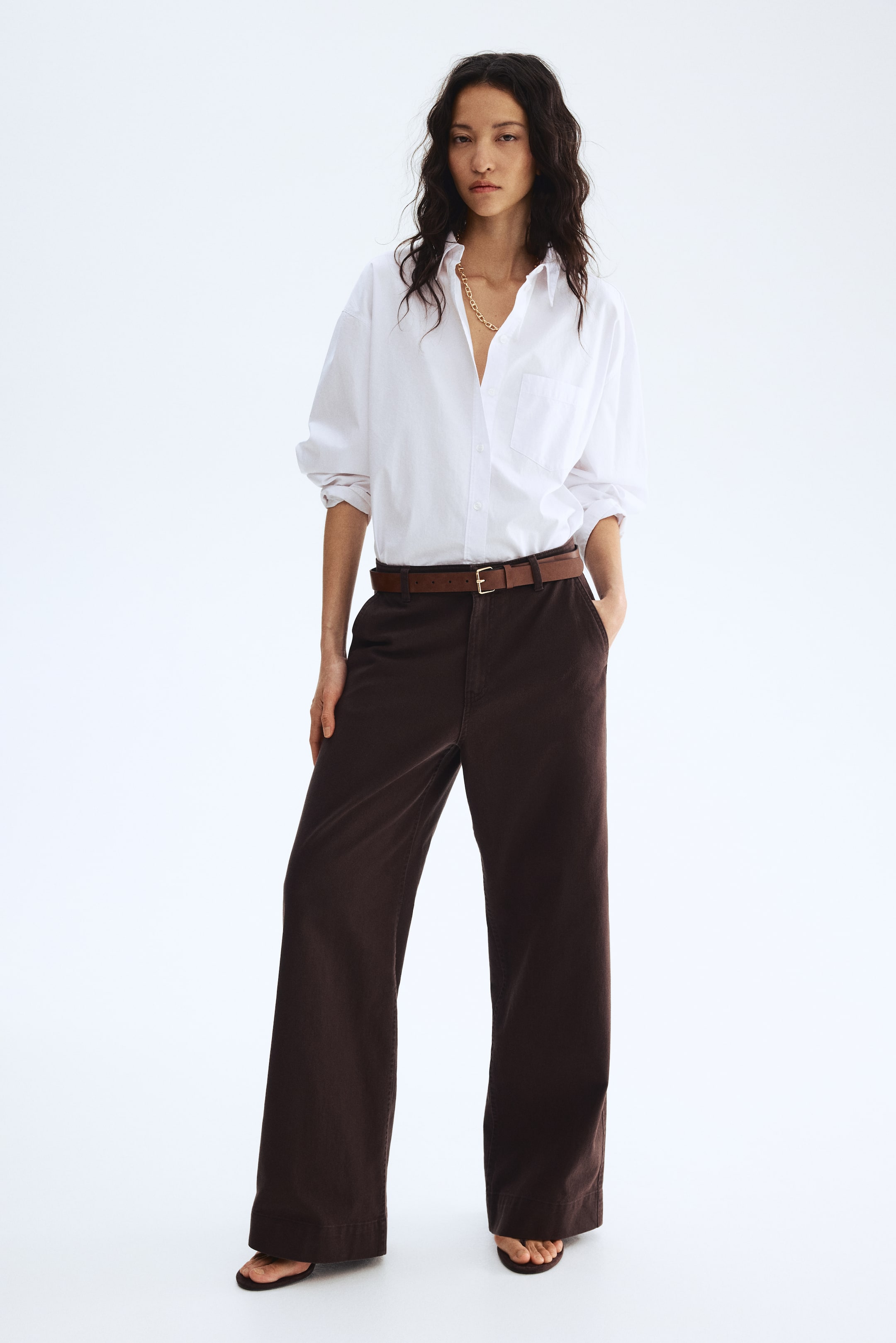 Wide Belted Twill Trousers - White