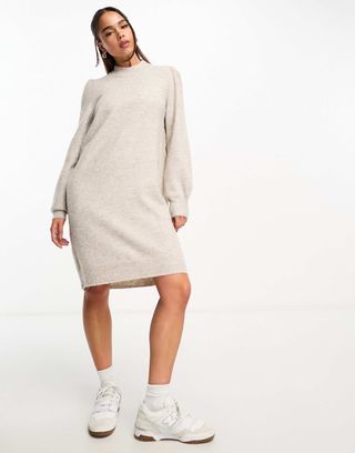 Jdy Puff Sleeve Knitted Mini Jumper Dress in Stone