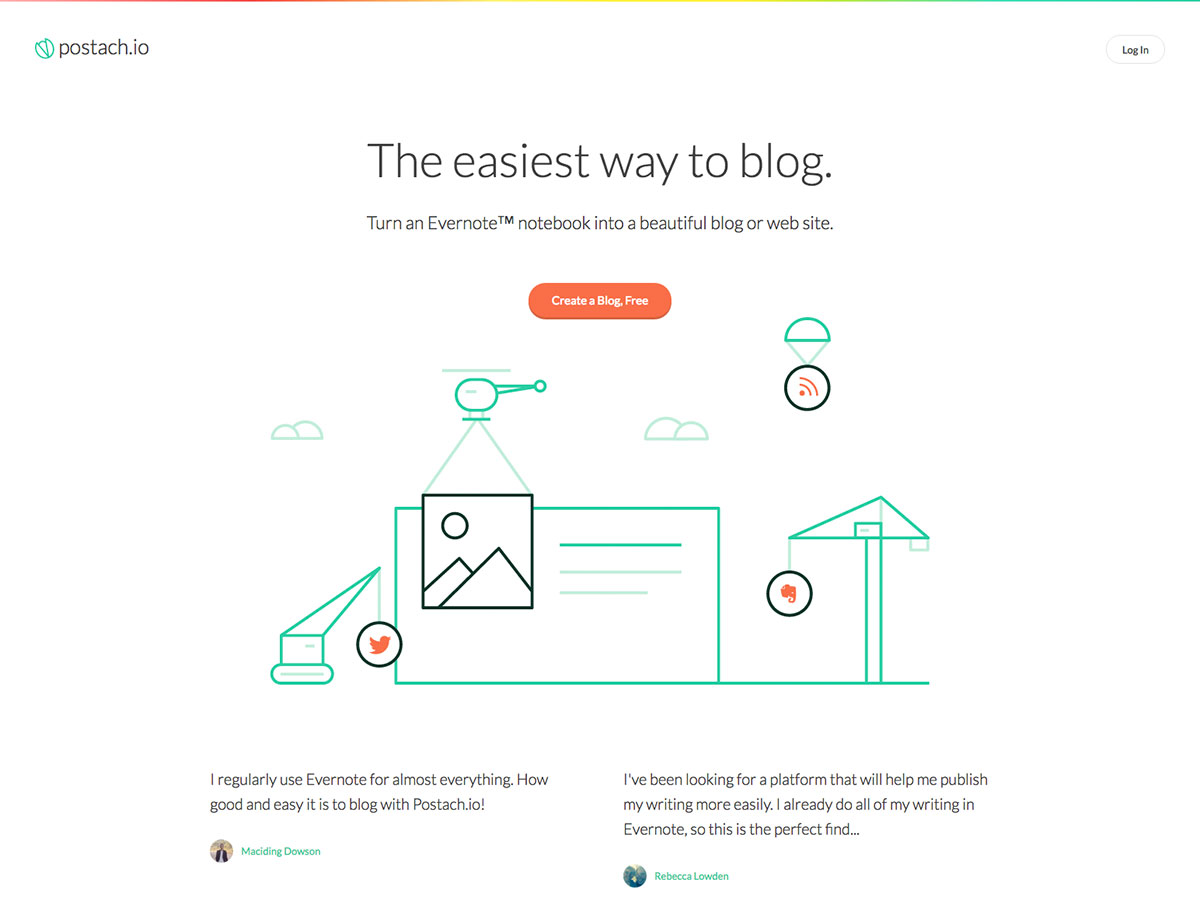 Screenshot of the Postach.io site says 'The easiest way to blog'