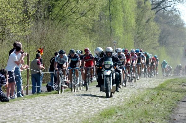 Australians Baden Cooke and Mathew Hayman lead the charge through the Arenberg forrest