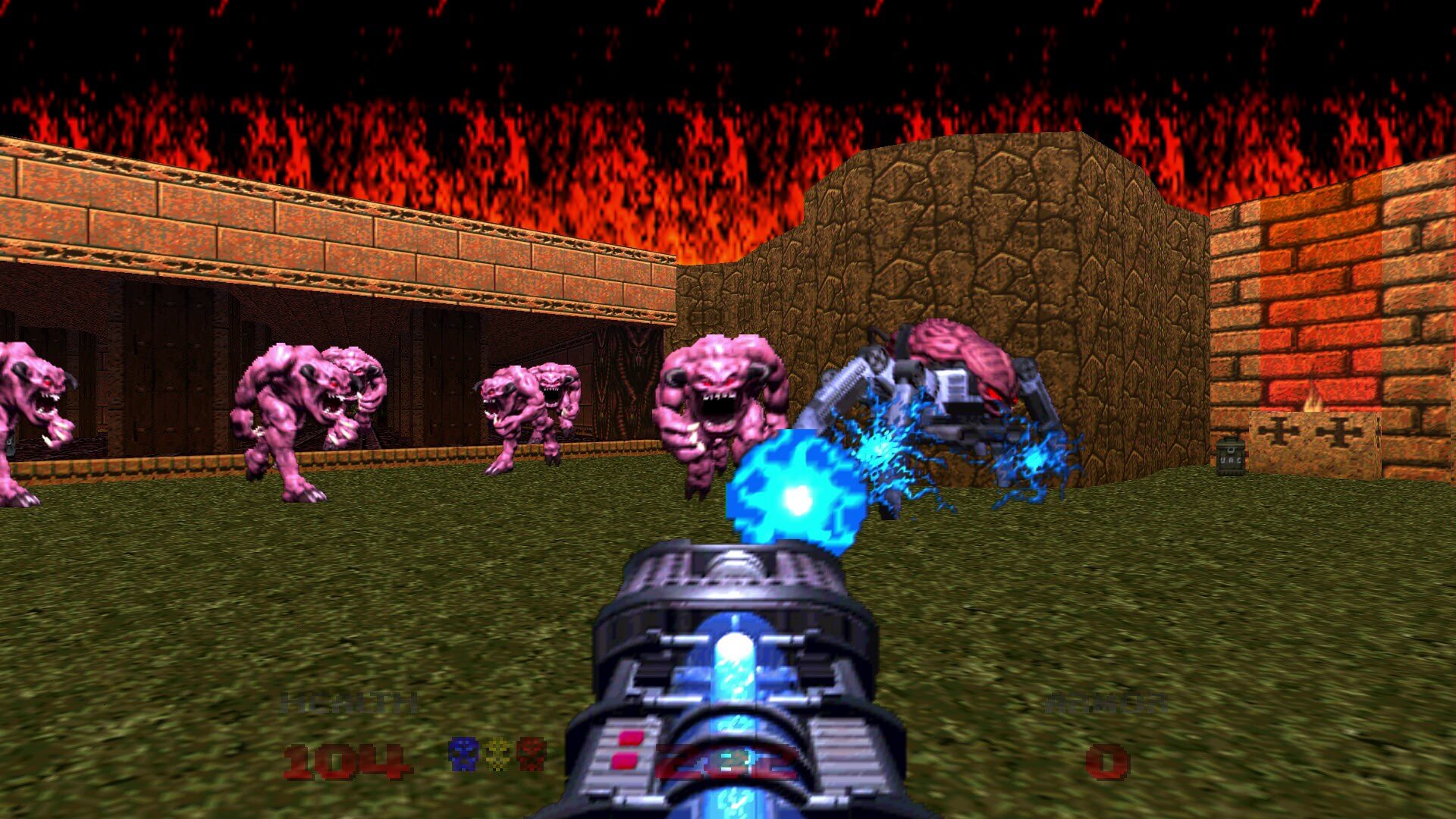 Doom 64 - A screenshot shows the player firing orbs from their Plasma Gun at a closing line of Pinky demons.
