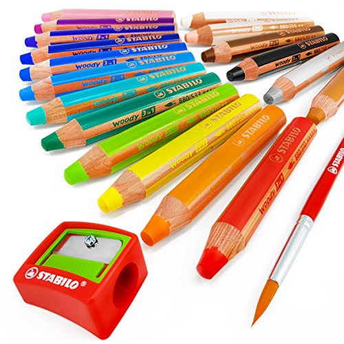 Stabilo - Woody 3 in 1 Multi-Media Watercolour Pencils - Jumbo Easy-Grip - Pack of 18 With Sharpener and Brush