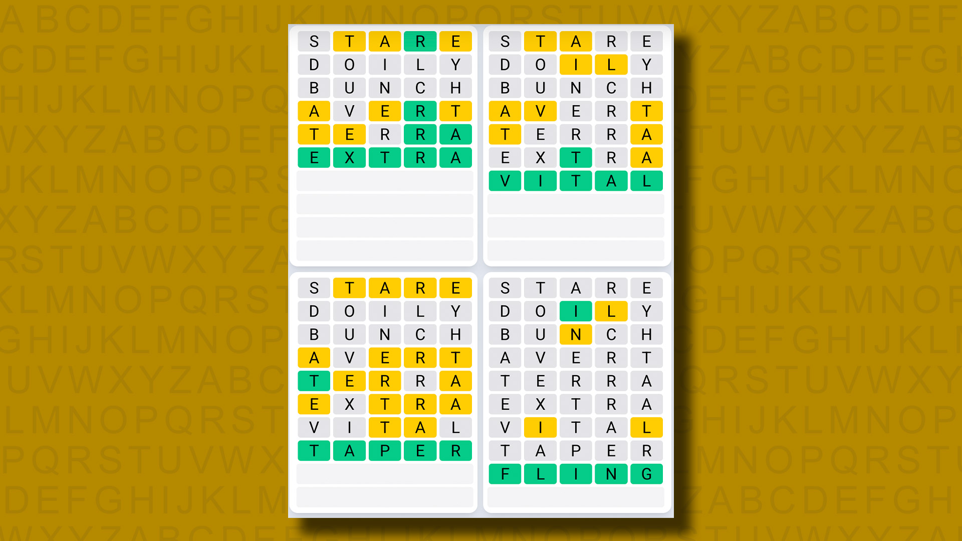 Quordle Daily Sequence answers for game 1204 on a yellow background