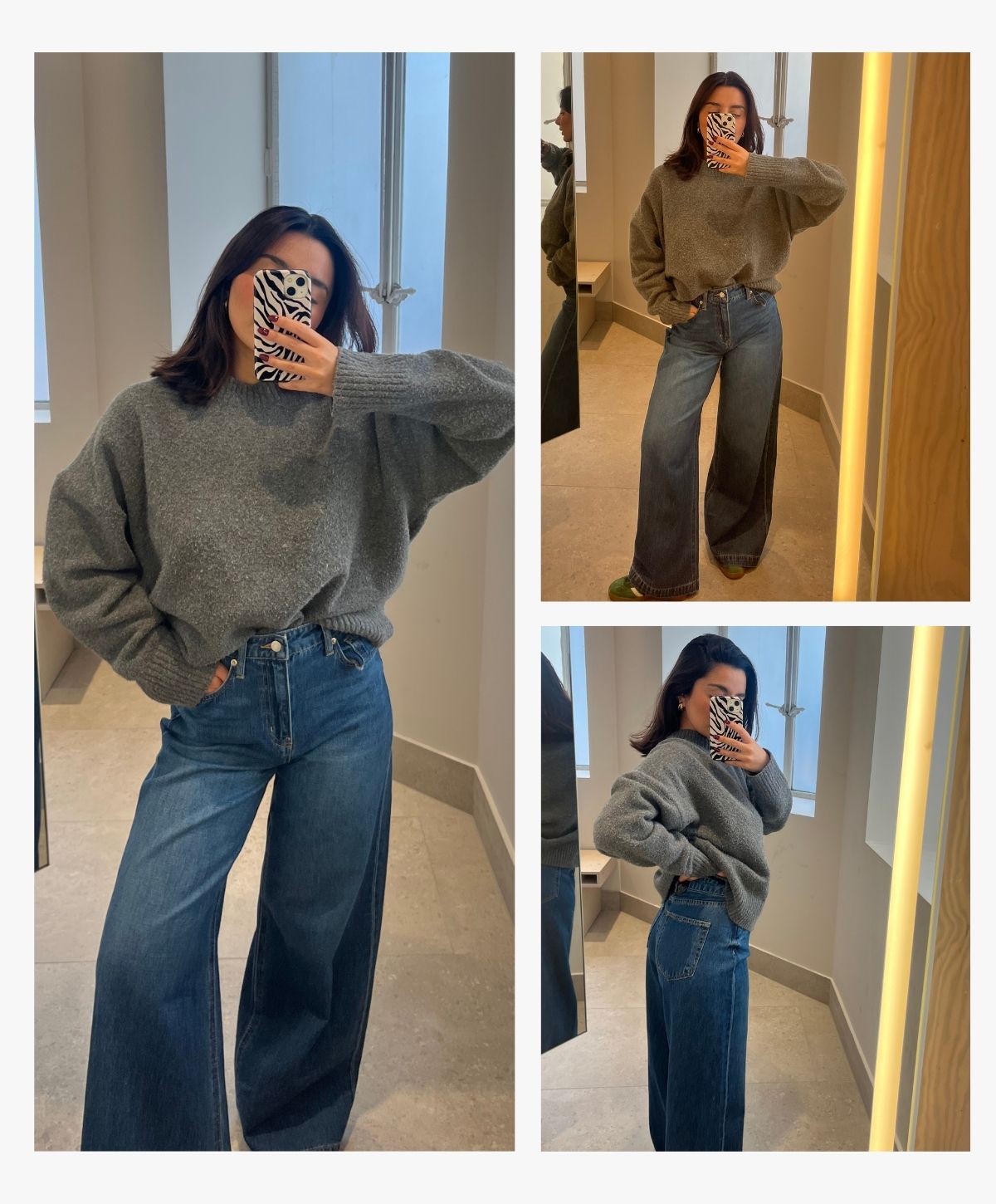 Senior Shopping Editor Marina Avraam wearing H&M's wide-leg jeans with a grey jumper.
