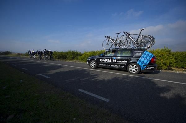 A Garmin-Cervelo car on the side of the road