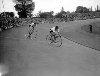 two track cyclists at herne hill velodrome in black and white in 1948