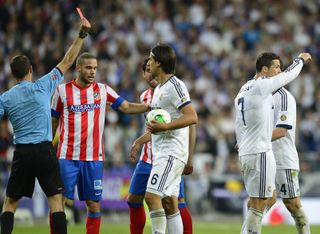 Real Madrid's Cristiano Ronaldo is sent off against Atletico in the 2013 Copa del Rey final.