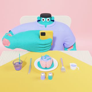 Maciej Łazowski interview; 2D to 3D art, a zombie sits at a dinner table eating brains and looking at his phone