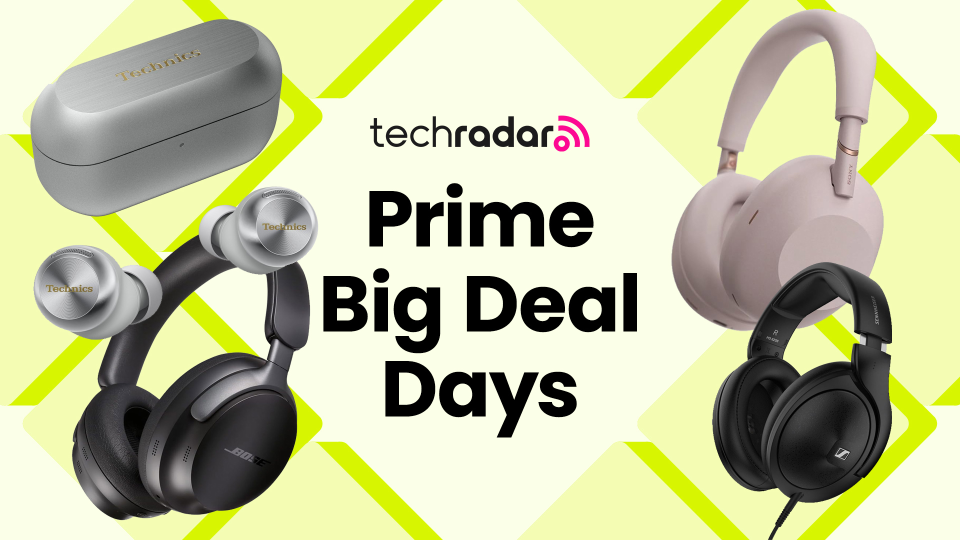 Headphones on a yellow background with "Prime Big Deal Days" text.