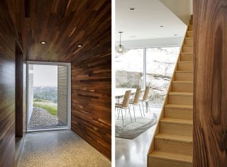 Two side-by-side photos of the interior of Float House. The first photo is of a dark wood panelled hallway with spotlights, light coloured flooring and a floor-to-ceiling window. And the second photo is of wooden stairs and the dining area which features white walls, sphere lighting, a dining table, chairs and tall glass windows