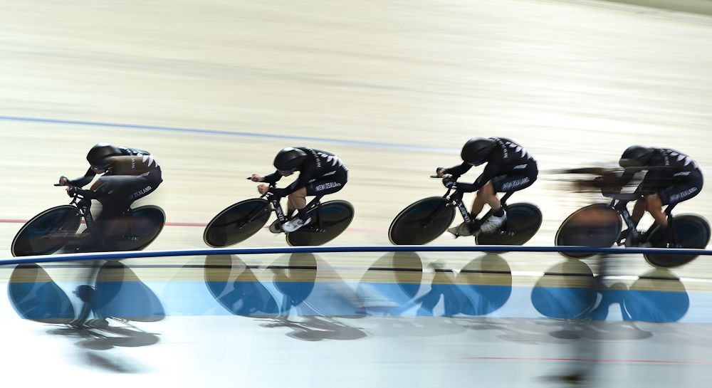 New Zealand's team competes in the Women's Team Pursuit qualifying round during the UCI Track Cycling World Championships in Apeldoorn