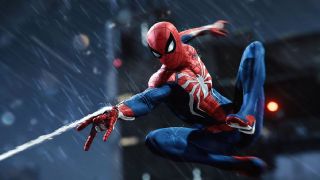 Peter Parker swinging as Spider-Man in Spider-Man.